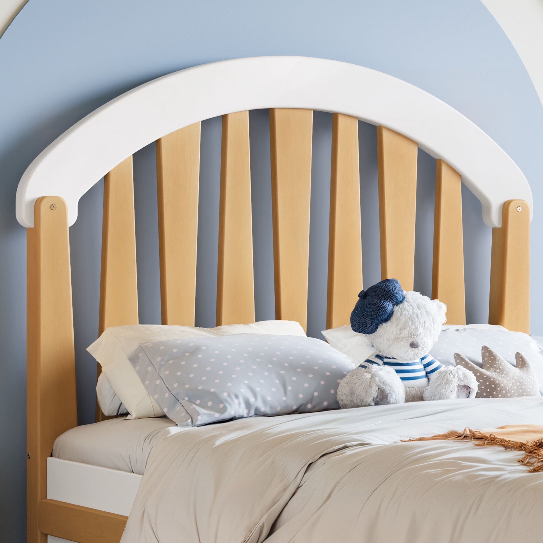 GDF Studio Twin Size Platform Bed with Storage Drawer, Round Headboard, No Box Spring Needed, White+Natural