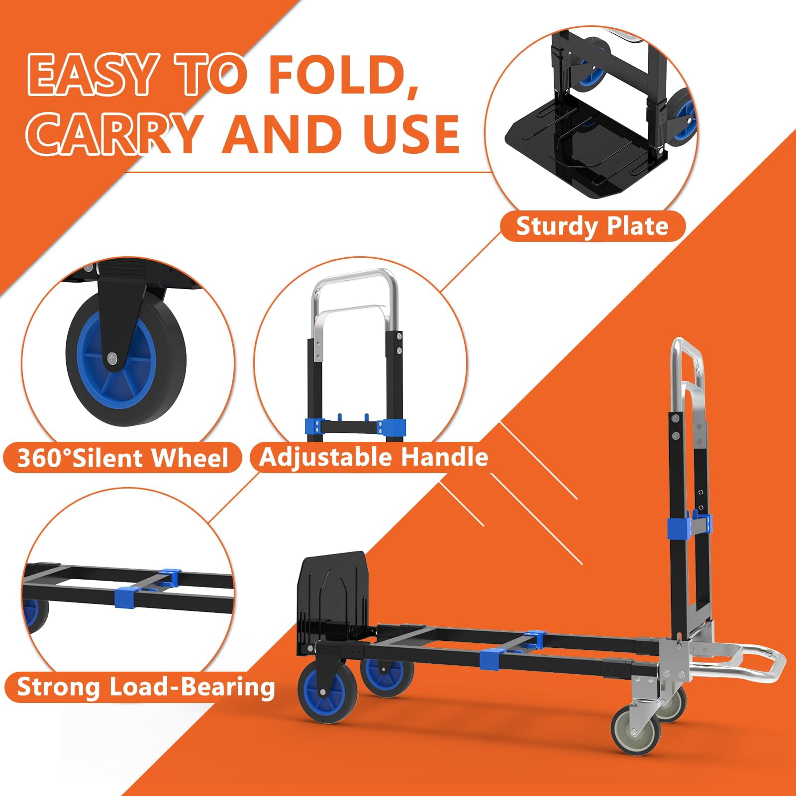 3-in-1 Heavy Duty Folding Dolly, Convertible Hand Truck Portable Steel with Telescopic Handle & Dolly Cart with Rubber Wheels, 580LB Capacity,Blue