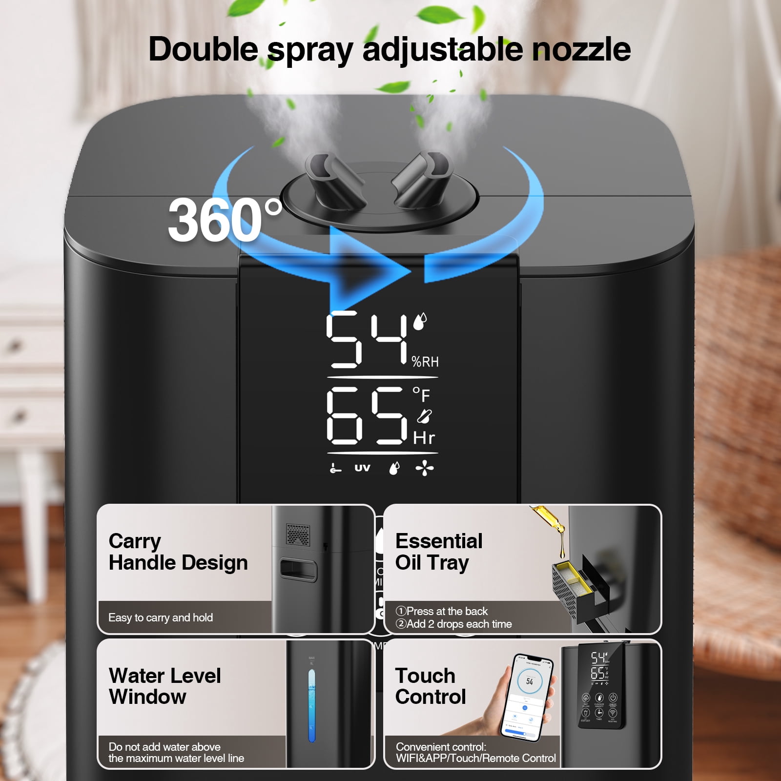 Smart Humidifiers Large Room Bedroom Home, 2.11Gal(8L) Quiet Top Fill Cool Mist Humidifier, Smart App & Remote Control, 3 Speed Humidifier with 360° Nozzle, Humidity Setting for Baby Office