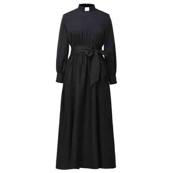Afinprain Women's Clergy Dress Long Sleeve A-Line Maxi Dress with Belt and Tab Collar