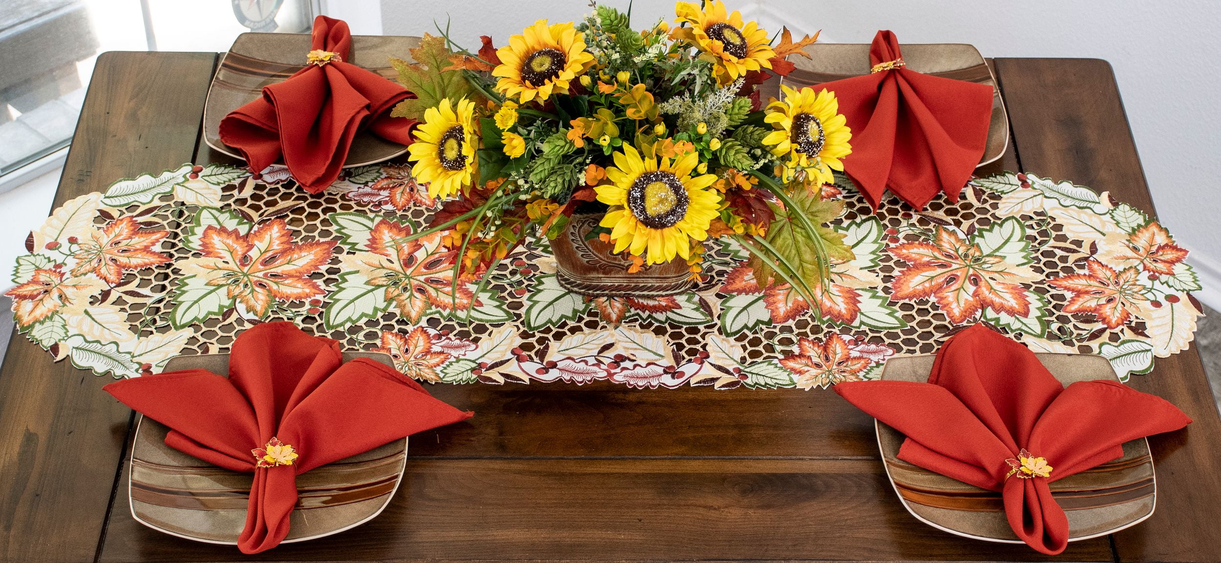 Fall and Autumn Cutwork Colorful Maple Leaf Table Runner, Dresser Scarf (15Wx52L)