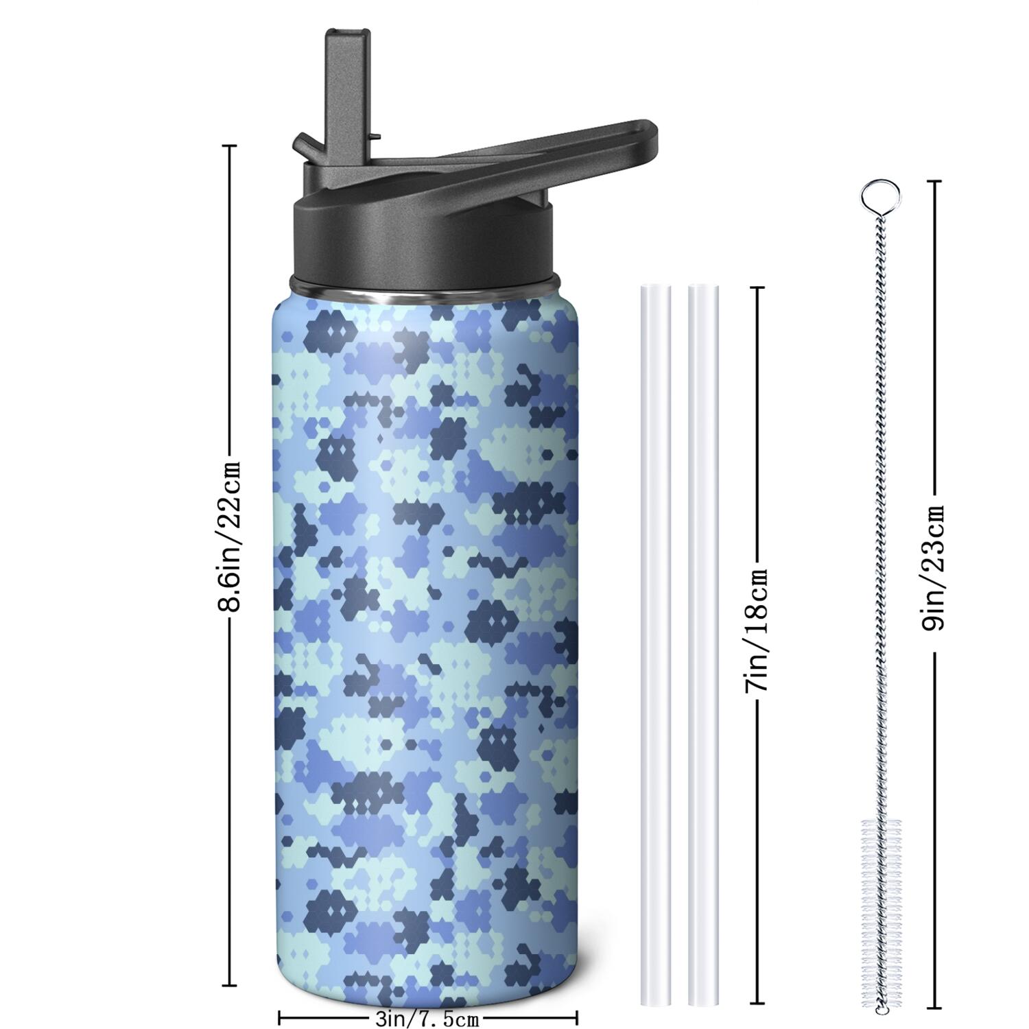 Camouflage Insulated Stainless Steel Water Bottle with Straw & Cleaning Brush – 18 Oz | Leakproof, BPA-Free, 304 Stainless Steel, Wide Mouth, Travel Mug for Car, Gym, Office