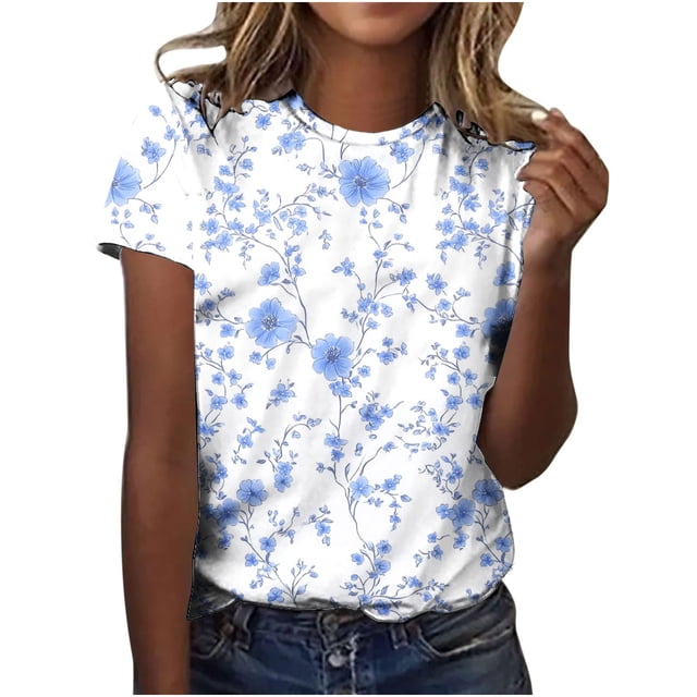 Pisexur Hauts d'Été pour Femmes, Blouses Habillées Décontractées pour Femmes, Hauts à la Mode pour Femmes, Chandail Décontracté Imprimé à Manches Courtes Col Rond, Grande Taille pour Femmes Multicolore, P