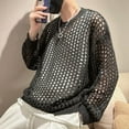 thumbnail image 3 of Skymirror Men Hollow Top Mesh Fishnet Solid Color Round Neck Loose Long Sleeve Clubwear Hip Hop See-through Elastic Pullover Party Top, 3 of 8
