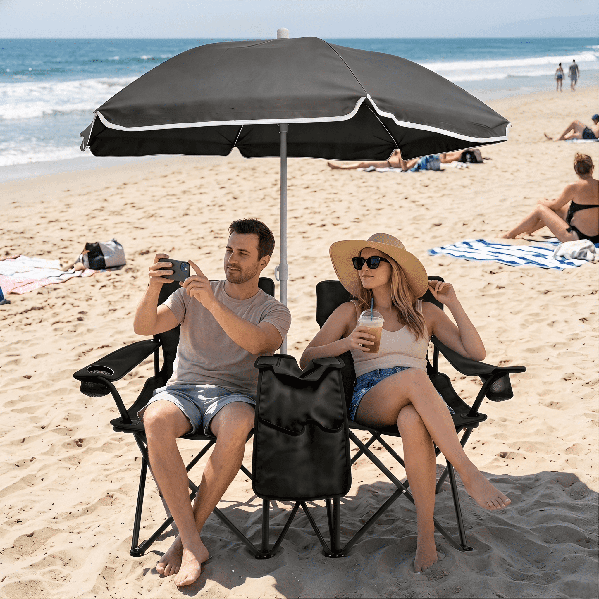 2‑Person Black Portable Folding Beach Picnic Chair Set with Adjustable Detachable Umbrella, Built‑in Cooler Bag & Cup Holders, Foldable Outdoor Camping Patio Chairs for Backyard Travel Tailgating