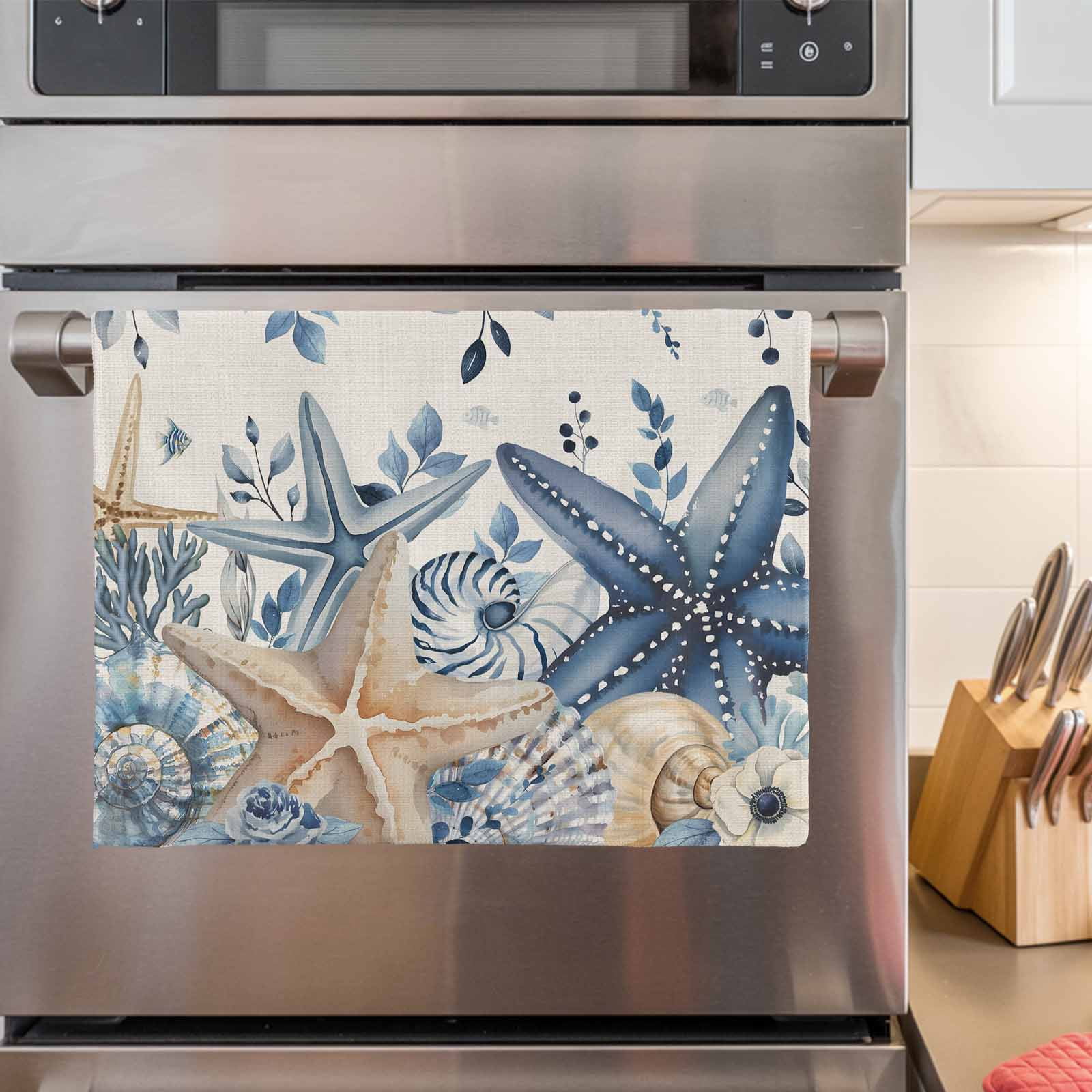 Blue Starfish Coastal Kitchen Towels Set of 4, Water Absorbent Dish Towel, Eucalyptus Summer Nautical Shell Rustic Decorative Hand Towels - Quick Drying Cloth for Cooking Baking, 18x28 Inch