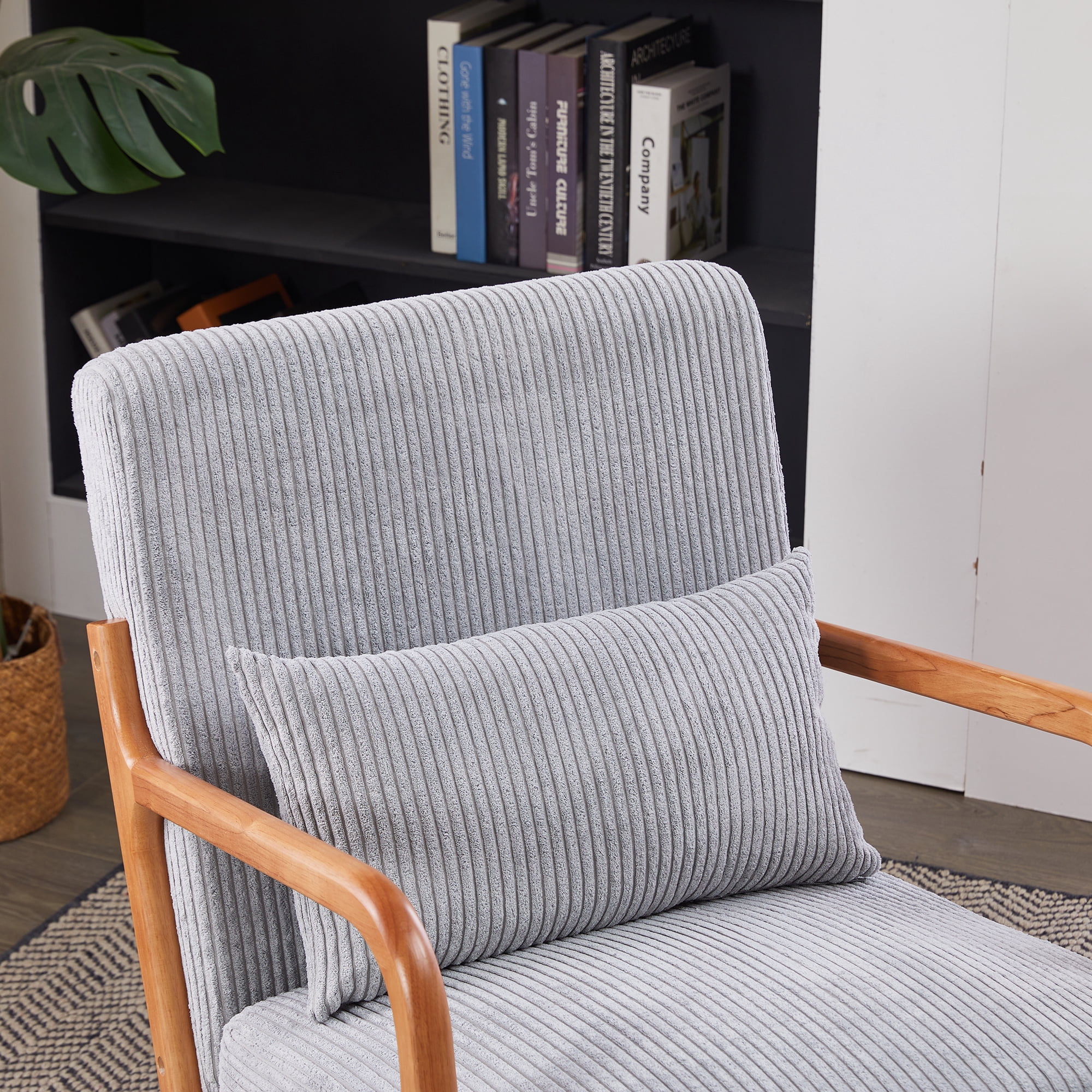 HOQBN Modern Accent Chair,Upholstered Armchair with Pillow, Solid Wood Frame Reading Chair for Living Room Bedroom Balcony,Light Gray