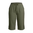 thumbnail image 4 of Women's Plus Size Casual Solid Lace Trim Drawstring 3/4 Pants, Cotton Linen Blend Summer Capris, Soft Elastic Waist Side Pockets, Lightweight Breathable for Work Walking | TruHer,Army Green L, 4 of 6