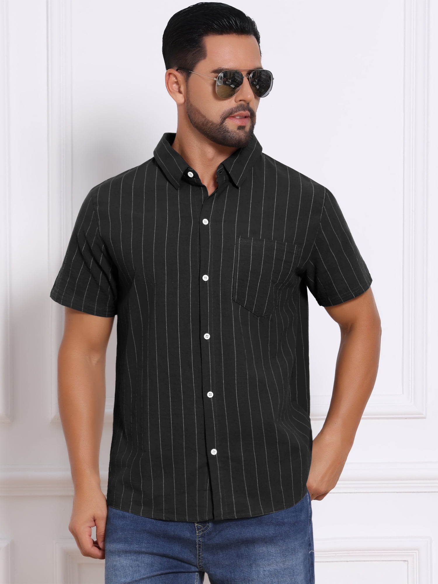 DARING DIVA Men's Point Collar Short Sleeve Button Down Stripes Shirts L Black