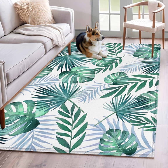 Green Monstera Leaves Area Rugs 2.7'x5', Small Throw Rugs for Kitchen Bedroom, Tropical Blue Palm Leaf Botanical Summer Indoor Outdoor Rug Non-Slip Low Pile Carpet Runner Reversible Floor Mats