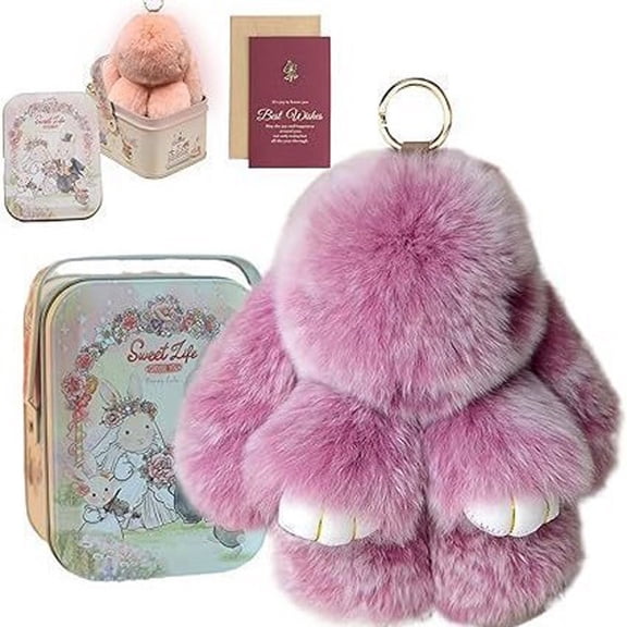 Bunny Keychain Keychain with Tin, Handmade Soft Bunny PomPom Charms for Easter Gift, Birthday Gift, Purple