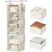 6-Shelf Hanging Closet Organizer Hanging Shelves for Closet with 3 Removable Drawers & Side Pockets, 12'' x 12'' x 43.3''