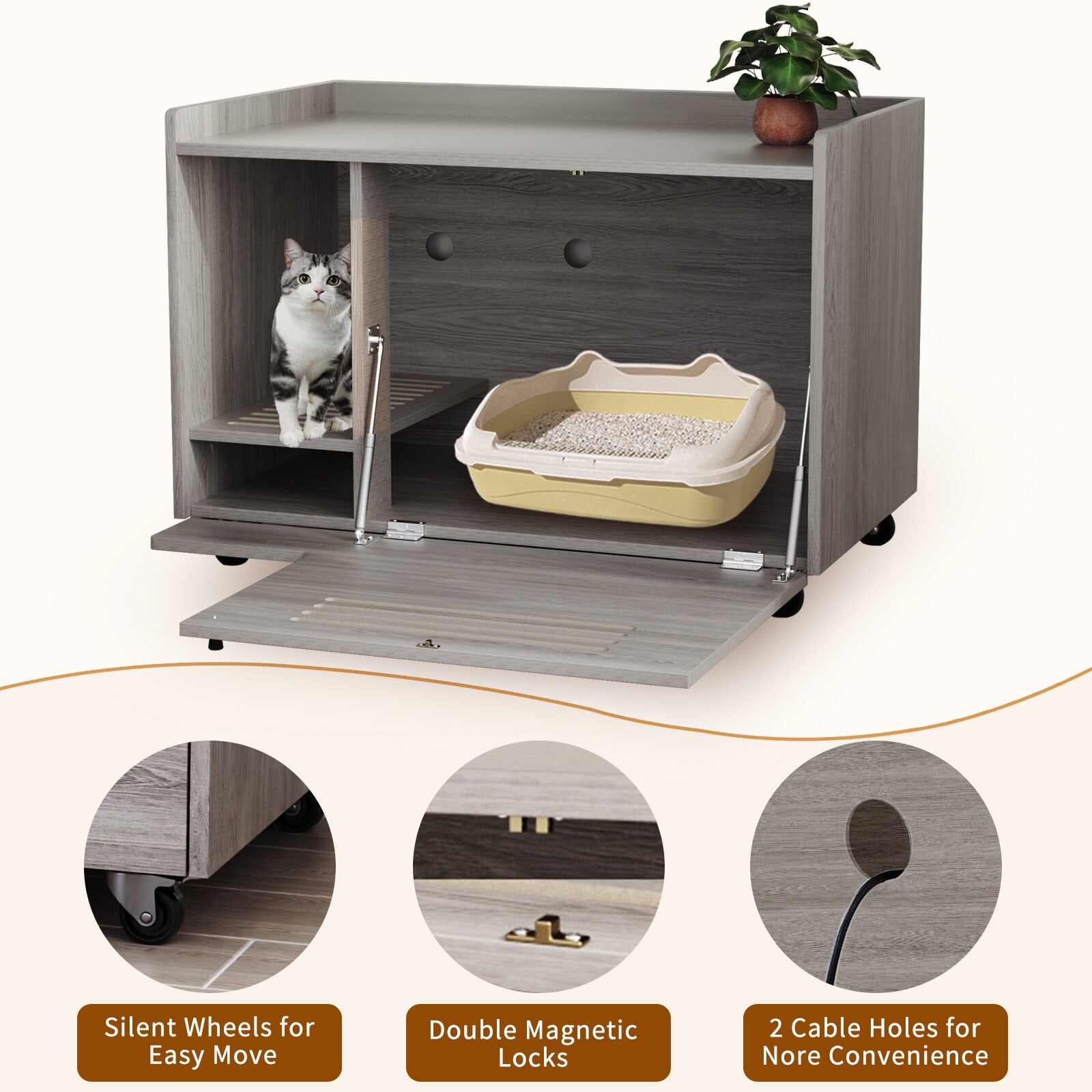 Dog Bed Gray Cat Litter Box Enclosure,Hidden Litter Box Furniture with top side fence,Wooden Pet House Side End Table, Storage Cabinet Bench for Living Room,,Bedroom, Fit Most of Litter Box,Orthopedi