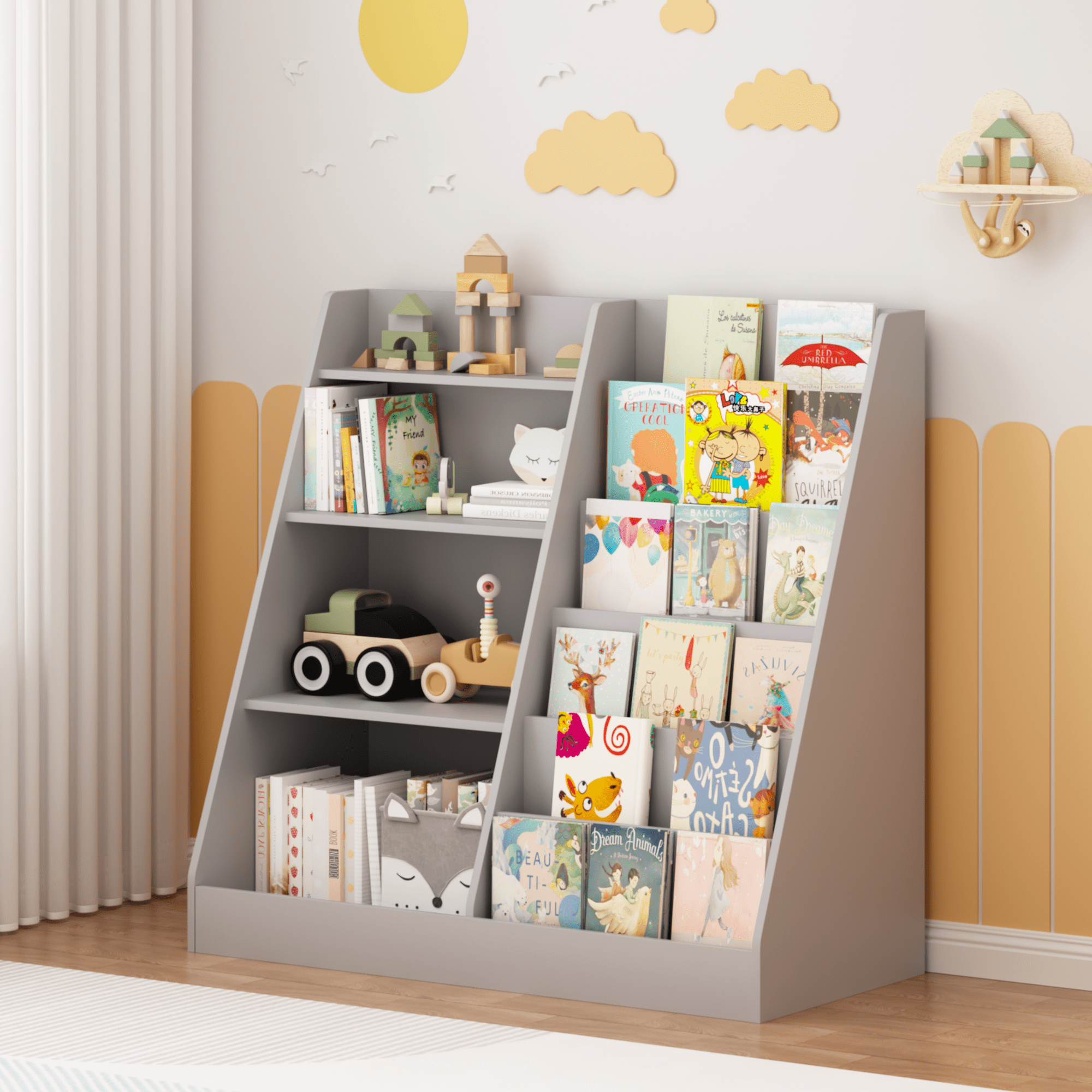 Kids Bookshelf and Toy Storage Organizer, Multifunctional 4 Tier Wooden Kids Book Shelf with Bookcase Display Stand in Kids Room Playroom Nursery for Kids, Children, Toddlers (Gray)