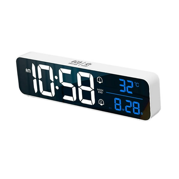 Reloj despertador digital para dormitorio, LED grande, con temperatura, 2 alarmas y 4 volúmenes. blanco