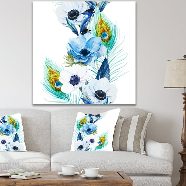 Designart - Anémone Peinte à la Main et Plumes de Paon - Art Floral sur Toile