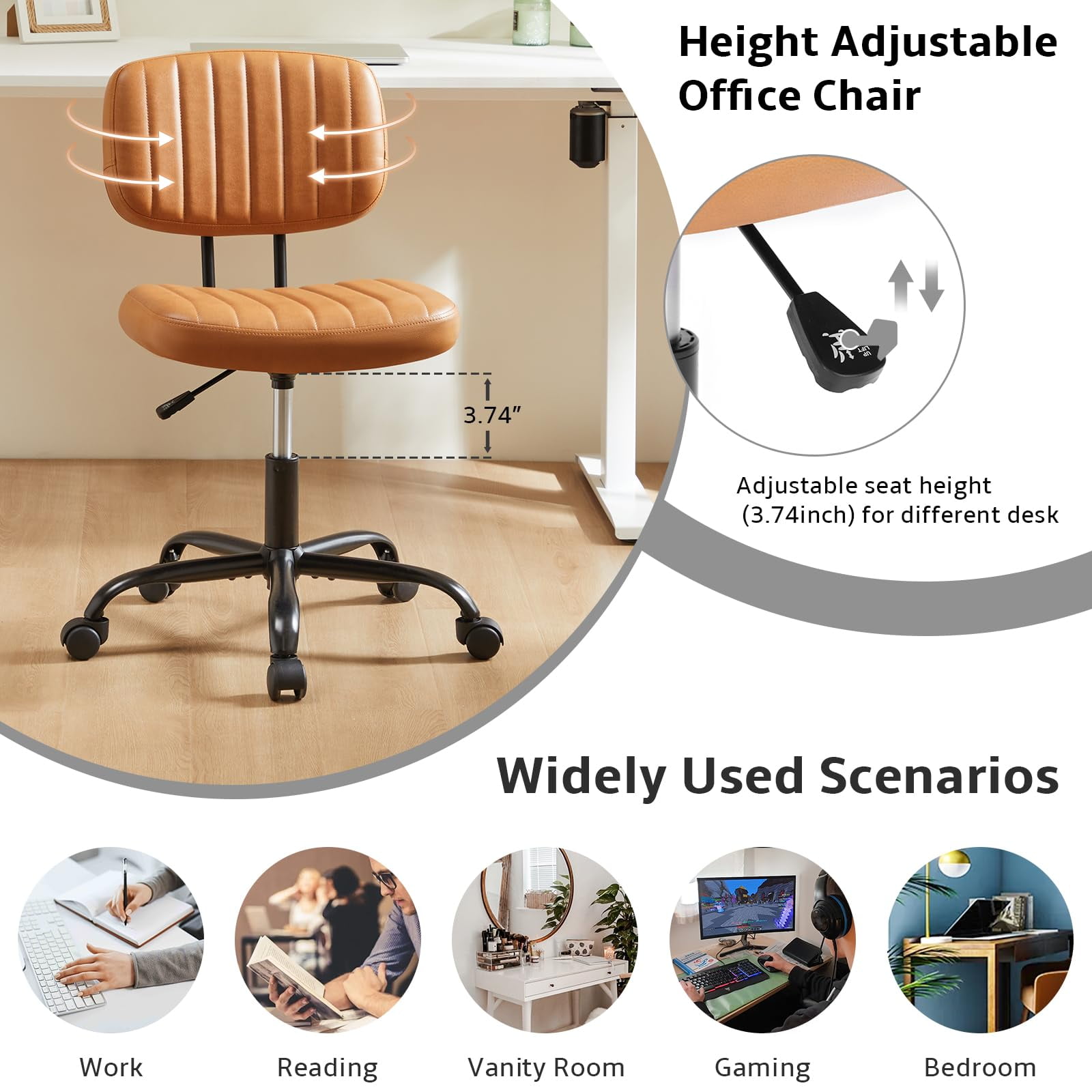 edx Adjustable Height Armless Office Desk Chair with Wheels, PU Leather Mid Back 360°Swivel Small Computer Chair, Modern Task Chair for Home Office Reading Meeting Room, Brown