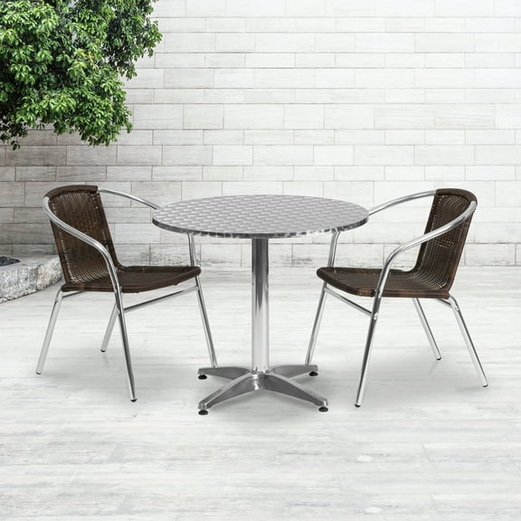 BizChair 31.5'' Round Aluminum Indoor-Outdoor Table Set with 2 Dark Brown Rattan Chairs