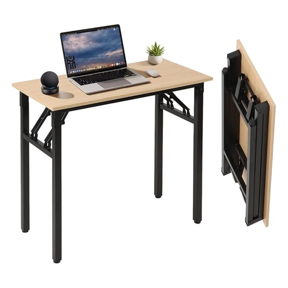 Small Foldable Computer Desk, 31.5 inch Folding Home Office Desk for Small Spaces, Modern Simple Style for Home, Office, Study, Writing, No Assembly Required (Natural Wood, 31.5" x 15.7")