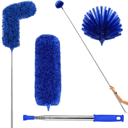 Cleanse Home Microfiber Feather Duster Kit, 30-100" Telescoping Pole for Ceiling Fans, Cobwebs, Blinds, Cars (Blue)