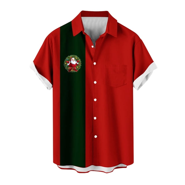 Mens Manga Corta Botón Abajo Camisas, Cuello de Vuelta Navidad Impresa Blusa, Top de Moda Casual