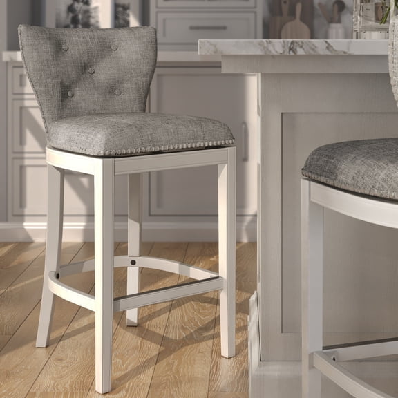 Stella 31" Upholstered Bar-Height Swivel Bar Stool with Back, White with Gray Upholstery