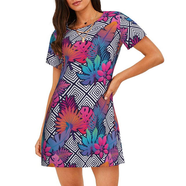 Disketp Tropical Leaves para Camisón Corto de Manga Corta para Mujeres, Camisón Cómodo con Escote Redondo, Bonito y Confortable