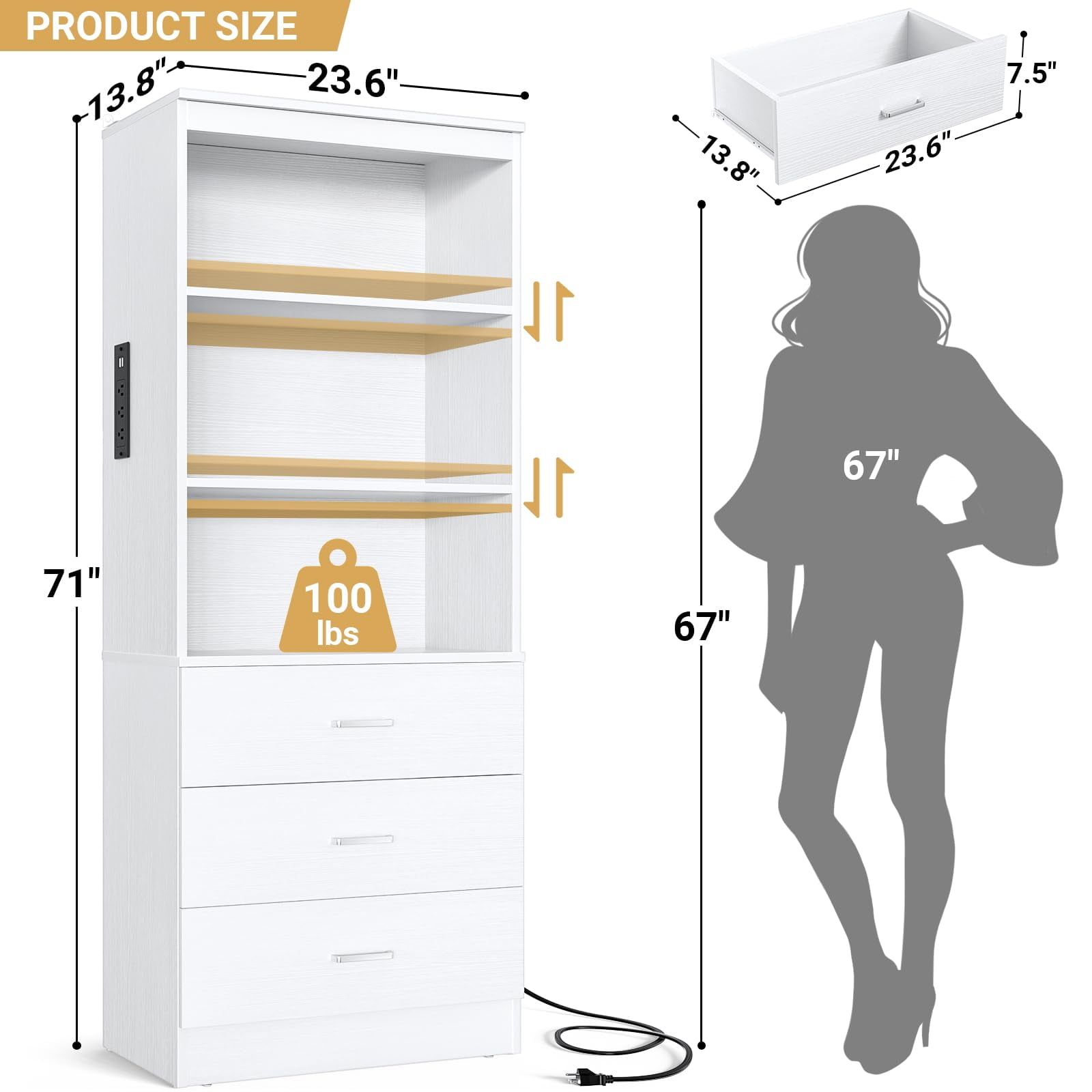 Homieasy 71" Tall Bookcases with 3 Large Drawers & 3 Shelves, Wooden Bookshelf for Living Room Office, with USB Ports & Outlets.White