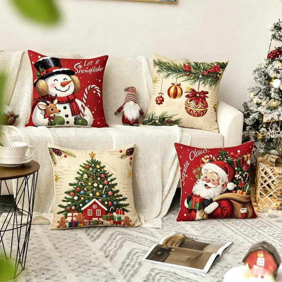 Christmas Pillow Covers 18x18 Inch, Set of 4 Christmas Decorative Cushion Covers for Sofa Couch Home Decor,Christmas Tree, Snowman