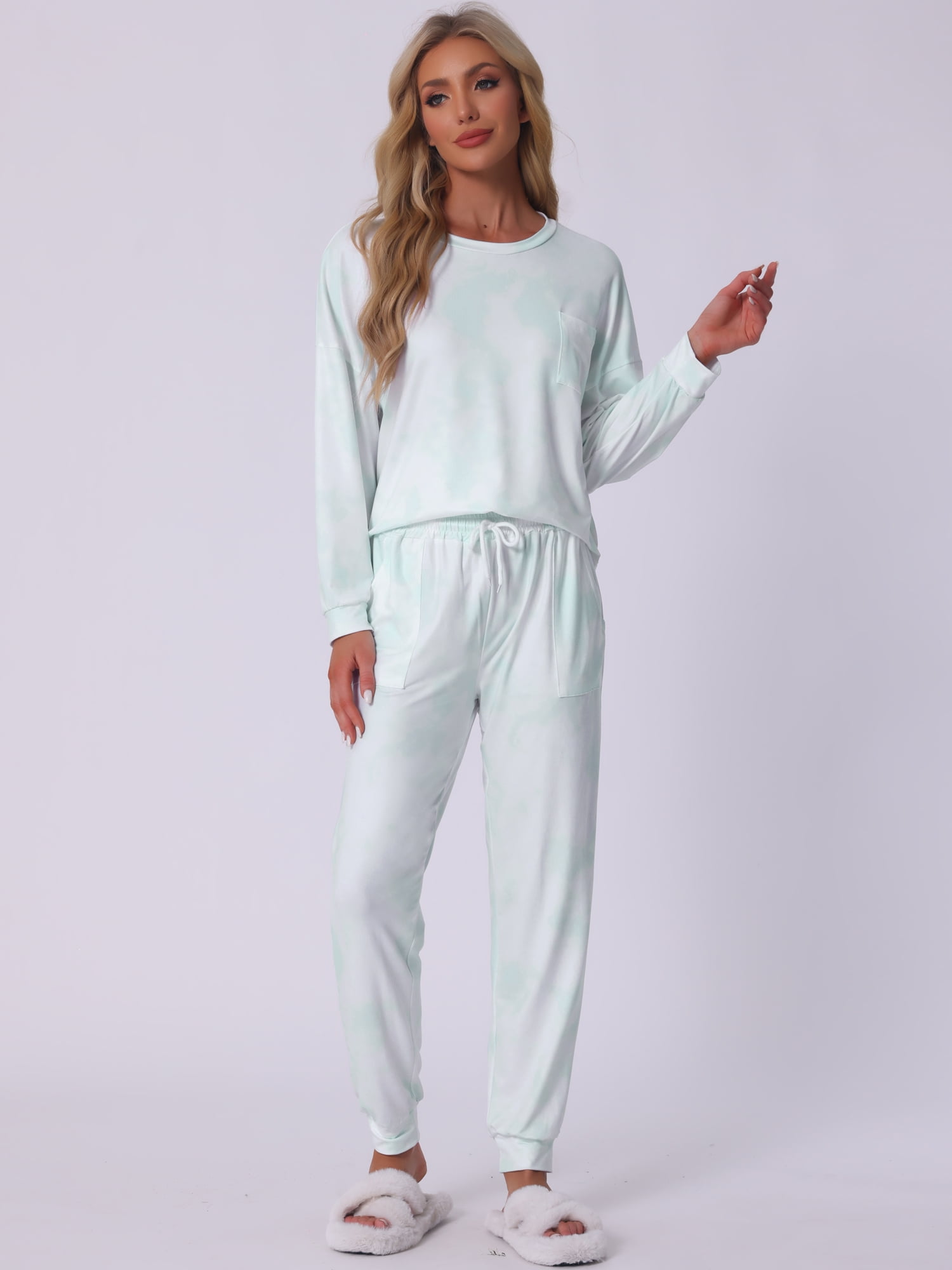 DARING DIVA Women's Tie Dye Long Sleeve Front Pocket Pajamas Set S Green