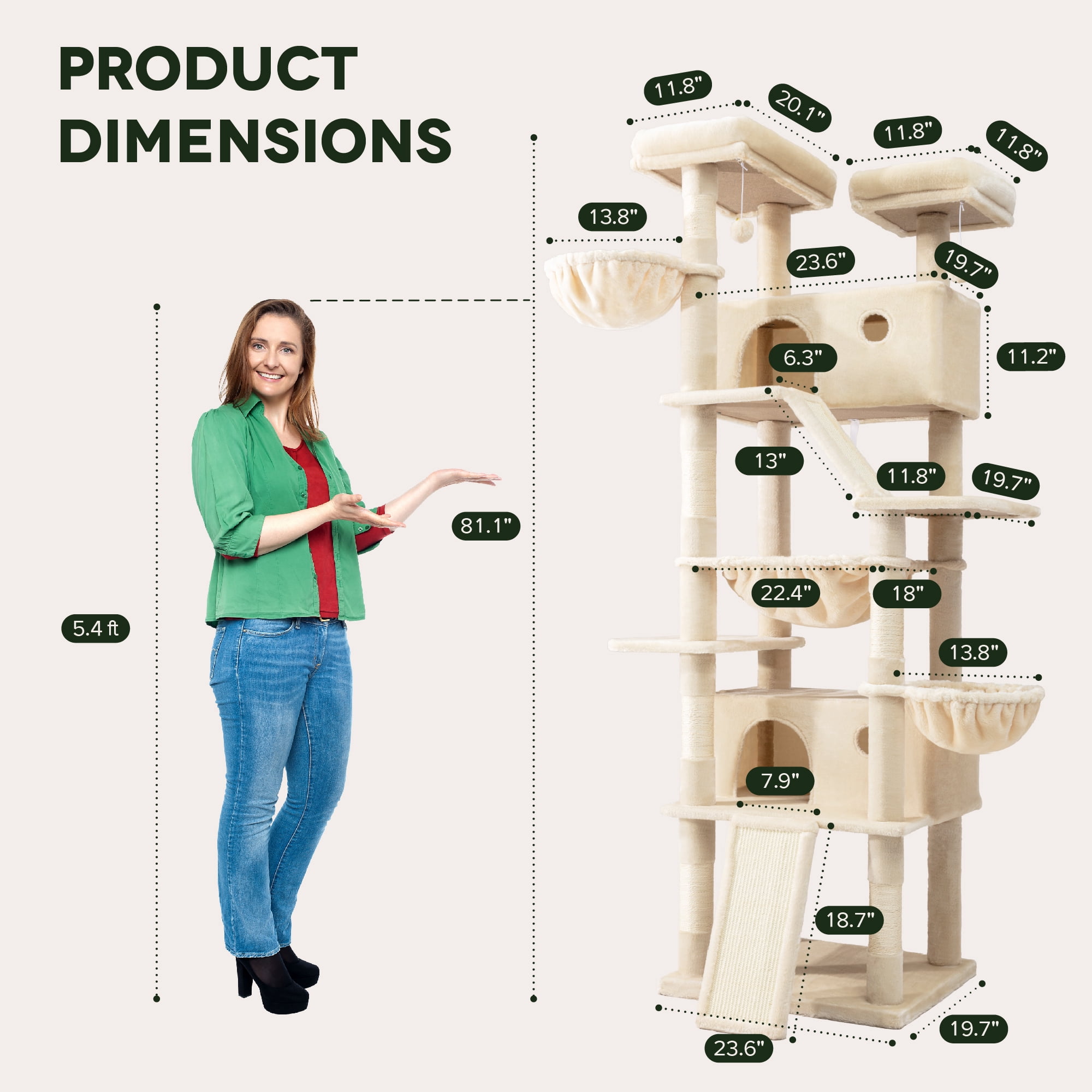 Einfach 81" Multi-Level Tall Cat Tree Tower, Larger Cat Condo with Hammock, Cozy Pussycat Perches, Sisal Scratching Posts, Beige