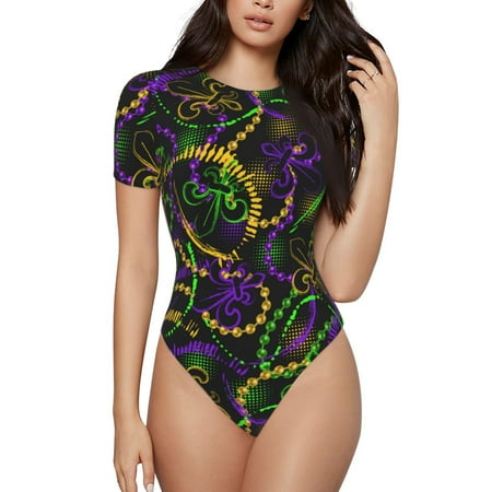 Easygdp Neon Mardi Gras Women s One-Piece Swimsuit Slim Fit Crew Neck Bodysuit Athletic Swimwear with Concealed Buckle - XX-Large