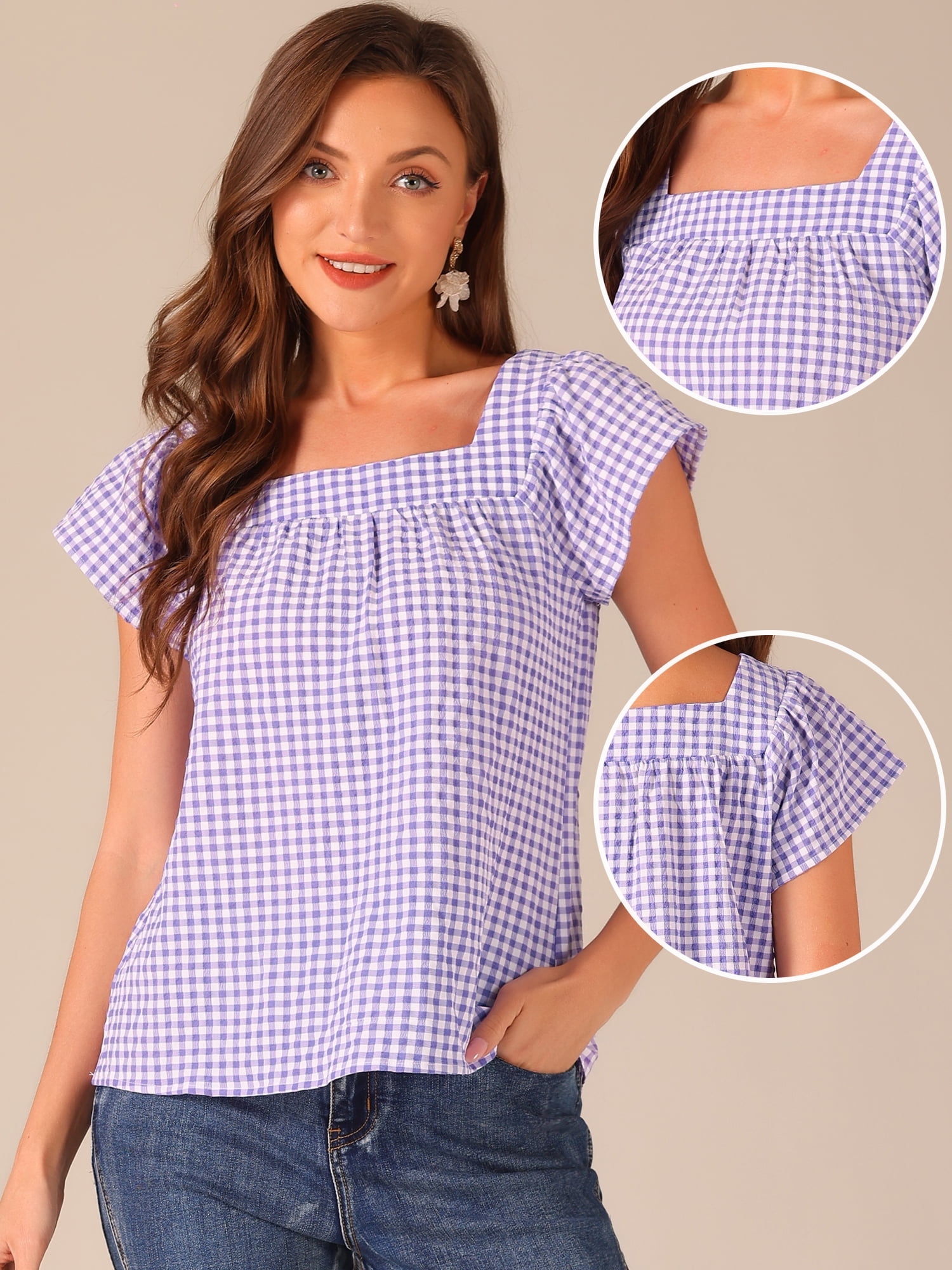 DARING DIVA Women's Cute Cap Sleeve Square Neck Plaid Blouses L Purple