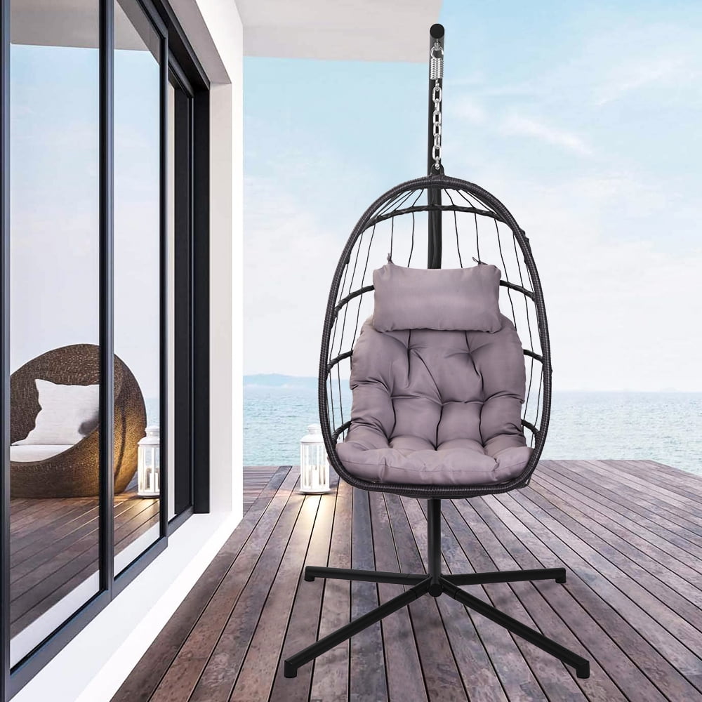 uhomepro Resin Wicker Hanging Egg Chair with Cushion and Stand, Heavy Duty Swing Chair Backyard Relax, UV Resistant Outdoor Indoor Patio Hanging Egg Chair with Aluminum Frame, Holds 350lbs, Q9738