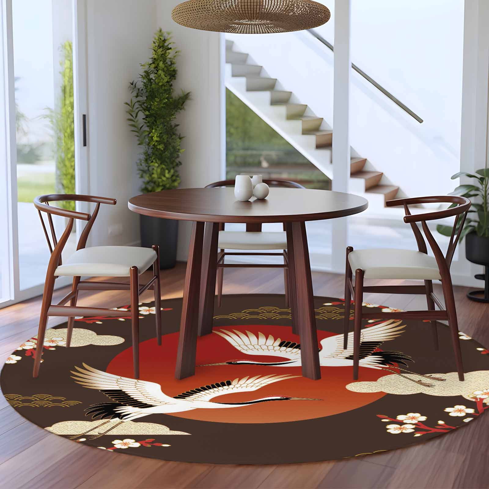 Japanese Style Round Area Rugs Collection 7', Modern Cranes Cherry Flower Wave Brown Non Slip Indoor Circular Throw Runner Rug Floor Mat Carpet for Living Room Dining Table Bedroom Nursery