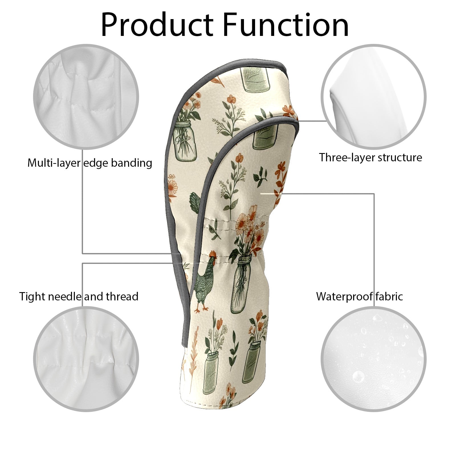 Golf Club Covers, Beige Vase Chicken Floral Premium PU Leather Driver Hybrid Putter Head Covers with Velvet Lining, Waterproof Golf Gifts for Men Women