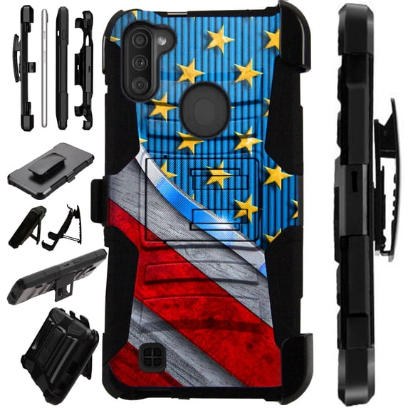 WORLD ACC LuxGuard Holster Case Compatible with Samsung Galaxy A11 Hybrid Phone Cover (US Flag Metallic)