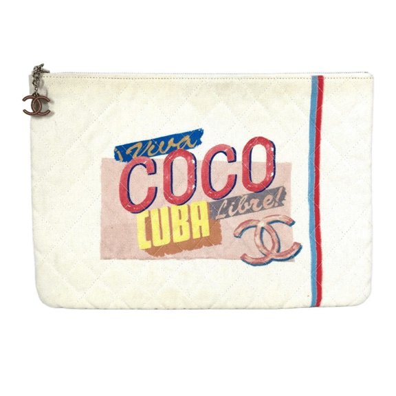 Pre-Owned CHANEL COCO Logo Pouch Bag Clutch Canvas Women's White