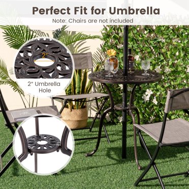MeetWarm Dark Bronze Cast Aluminum Round Patio Dining Table With Umbrella Hole – Perfect For Bistro & Outdoor Use, Easy Assembly