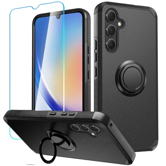 Designed for Samsung Galaxy A15 5G Kickstand Hybrid with 360° Rotate Ring Stand Magnetic Hard PC TPU Shockproof   Screen Protectror Phone Case Cover [Black]