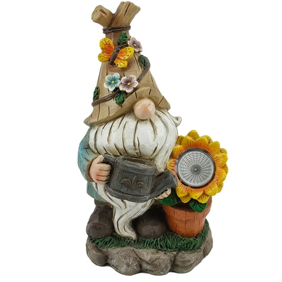 Yucurem Solar Dwarf Watering Flowers Statue with Led Light Resin Crafts Lawn Decor (A)