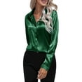 thumbnail image 2 of Satin Blouses for Women Casual Long Sleeve Button Down Shirts Dressy Business Work Tunic Top Dark Green M, 2 of 9