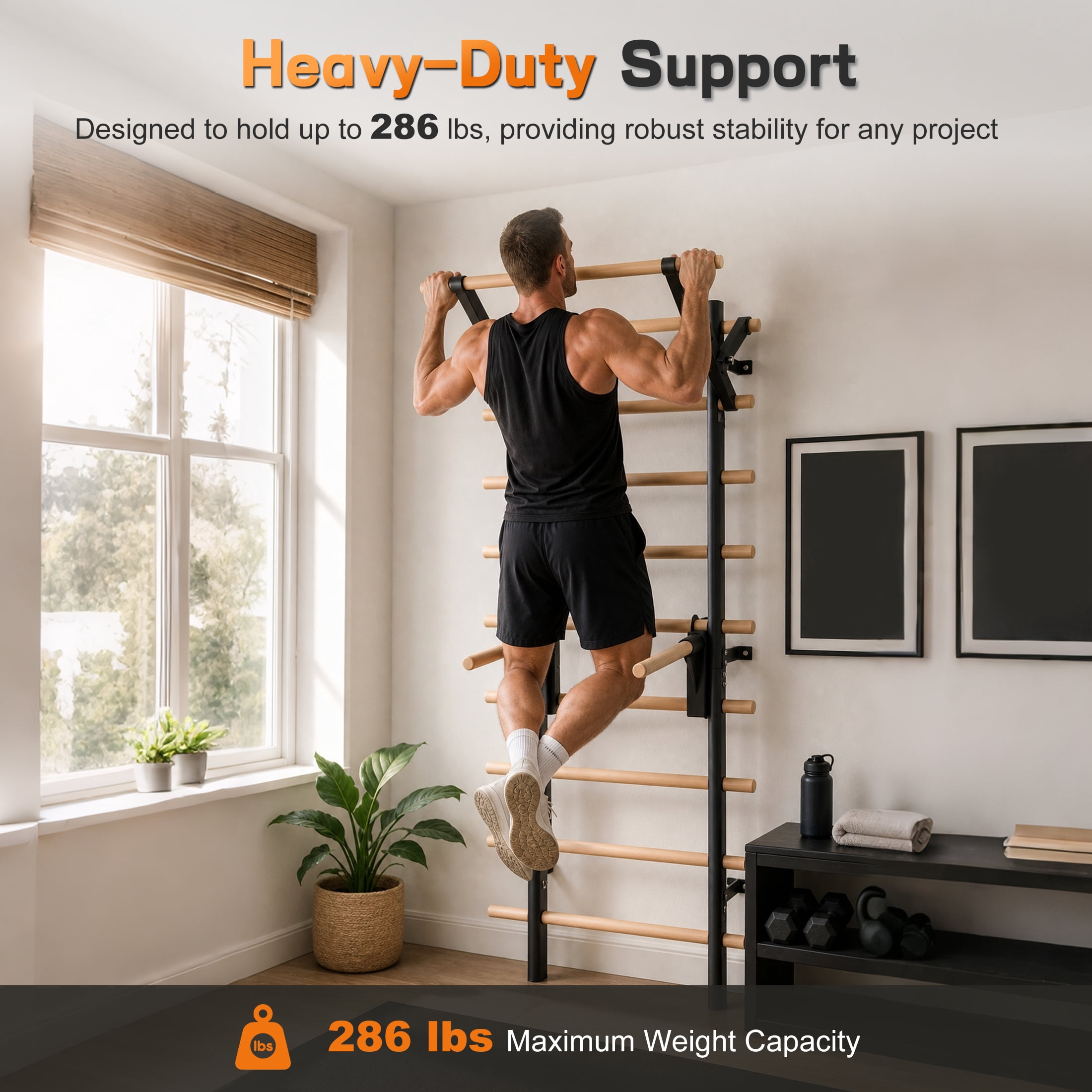Wall Mount Swedish Ladder Home Gym Training Stall Bar with Adjustable Pull Up Dip Bars & Resistance Straps, Max 286lbs Capacity