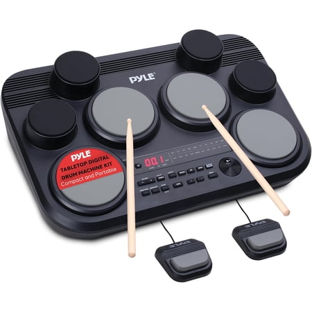 Pyle Electronic Tabletop Drum Pad Set – Portable Drum Kit with 8 Touch-Sensitive Pads, Pedals, 600 Sounds, 80 Preset Kits, USB & Headphone Outputs, MIDI/AUX Inputs (Black)