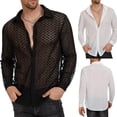 thumbnail image 4 of CENL Men Mesh See-through Loose Shirt Top Sexy Long-Sleeved V-neck Turn-down Collar, 4 of 6