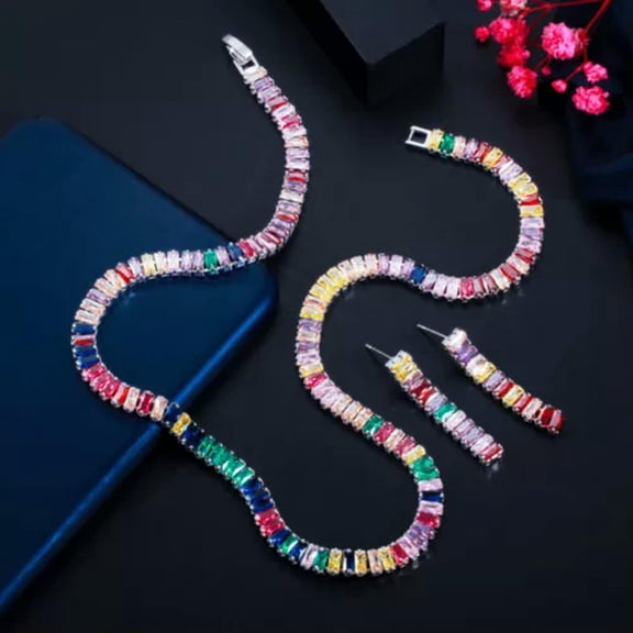 Multicolor Gold CZ Rectangle Earring Necklace Sets for Women Boho Party Jewelry