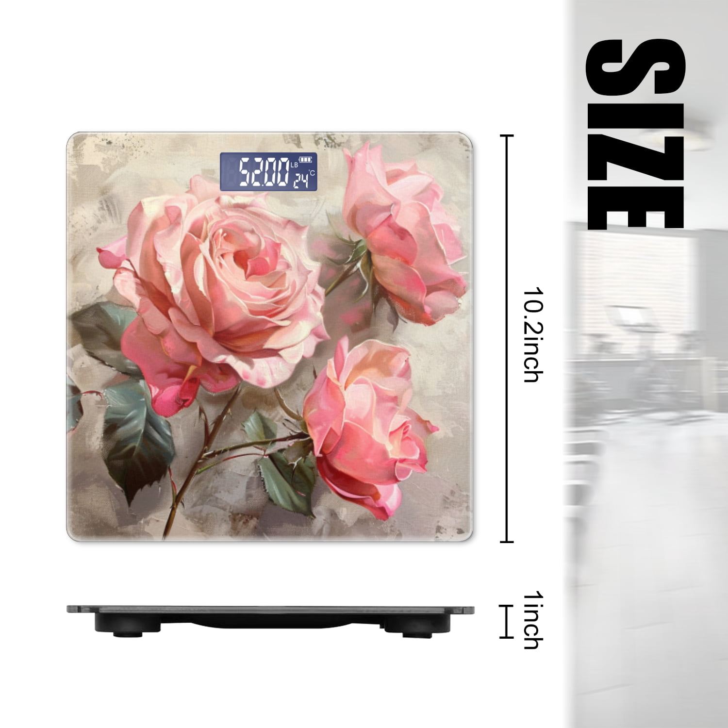 High Precision Body Weight Scale Smart Bathroom Scales with Large LCD Display(400lbs),Decorative for Bedroom-Oil Painting Of Pink Roses On Grey Background