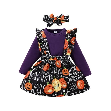 

TheFound 3Pcs Infant Baby Girls Pumpkin Halloween Clothes Long Sleeve Romper Suspender Skirt Headband Outfits