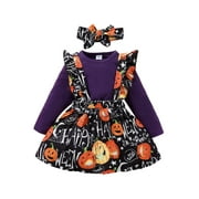 jaweiw Baby Girls Halloween Outfit Set Solid Color Long Sleeve Romper   Pumpkin Print Suspender Skirt   Headband,0-18M