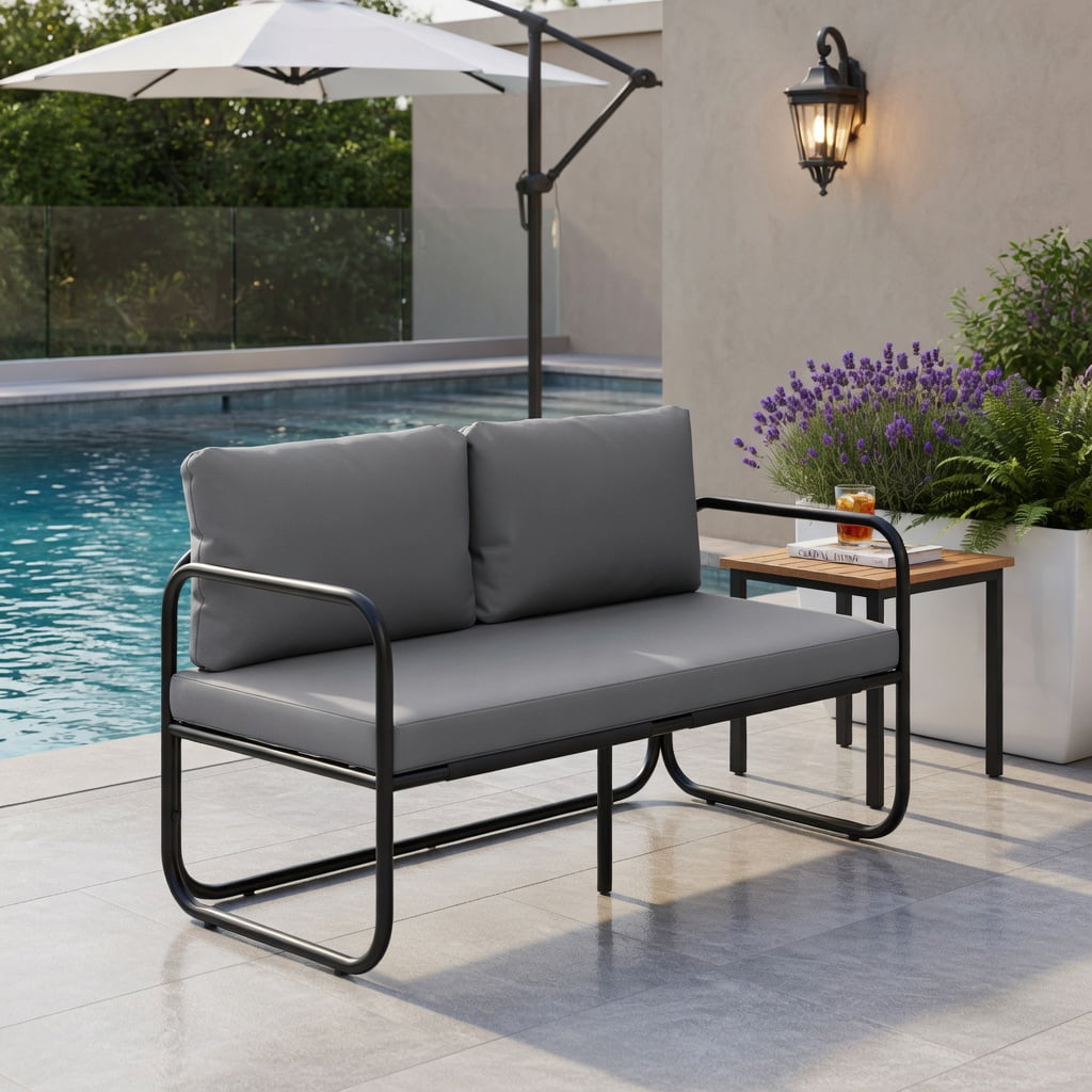 Hommoo Outdoor Patio Loveseat Sofa, 2-Person Metal Frame Couch with Removable Machine-Washable Cushions, Armrests & Adjustable Feet, Gray
